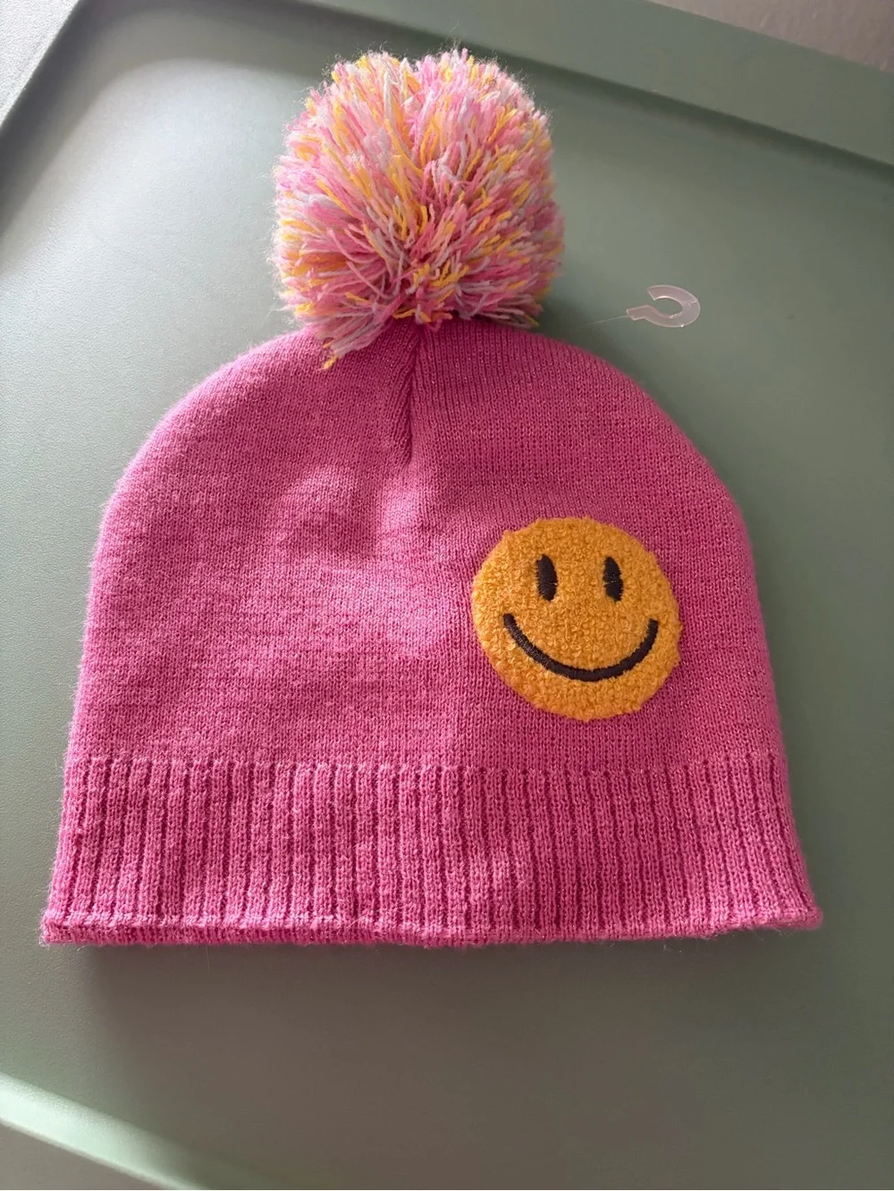 Pink Pom-Pom Kids Beanie with Yellow Smiley Patch